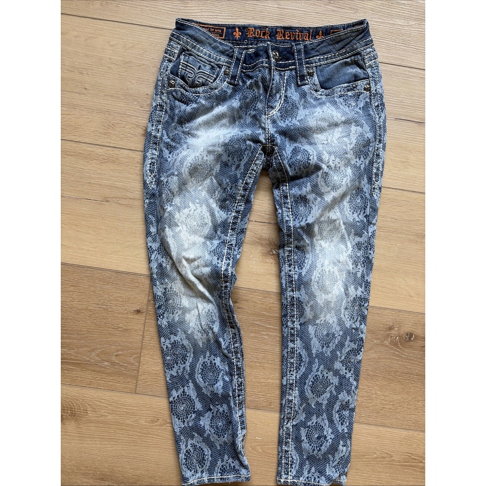 Rock Revival Jeans Cropped Skinny Women 27 Lydia Blue Embellished Stretch Denim